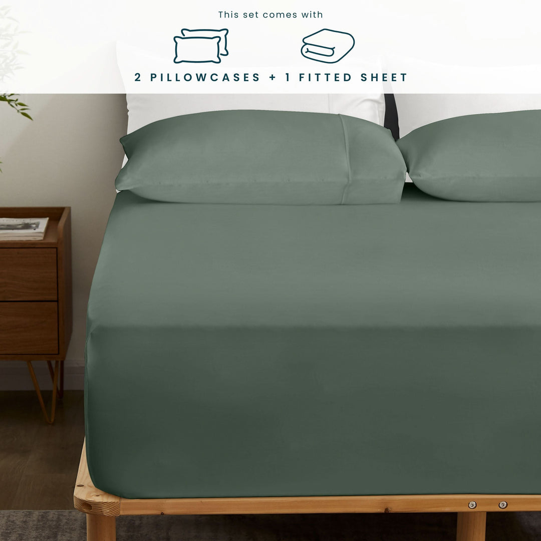 Bamboo Fitted Sheet & Pillowcase Set, Green - GOKOTTA
