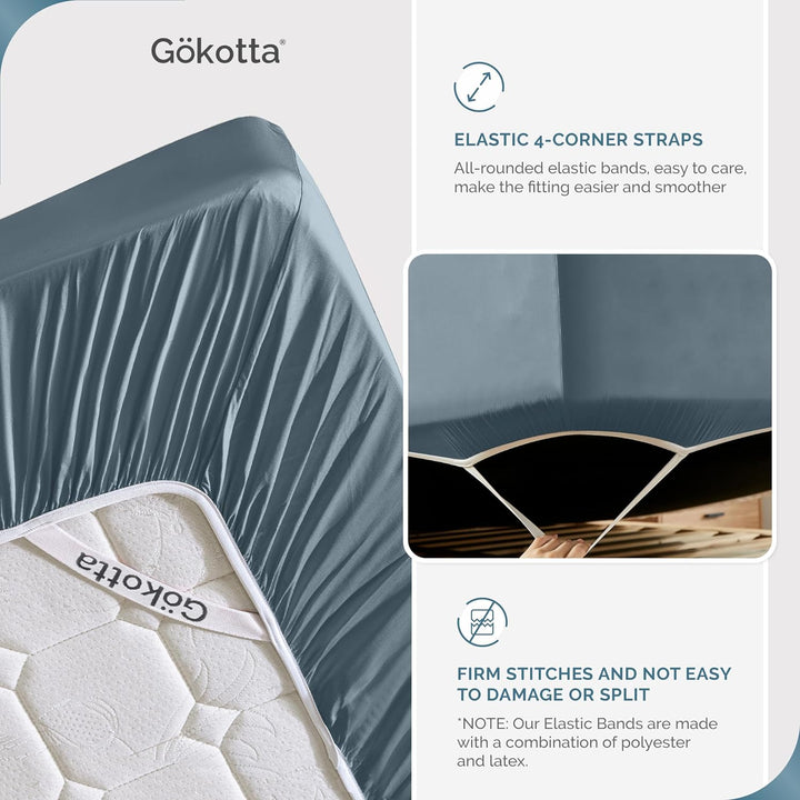 The GOKOTTA sheets featuring four elastic corner straps, ensuring a secure fit on the mattress.