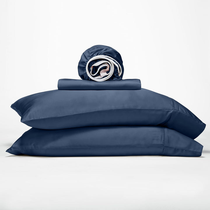 GOKOTTA Navy Blue Bamboo Cooling Sheets, showcasing their soft and luxurious texture, perfect for hot sleepers.