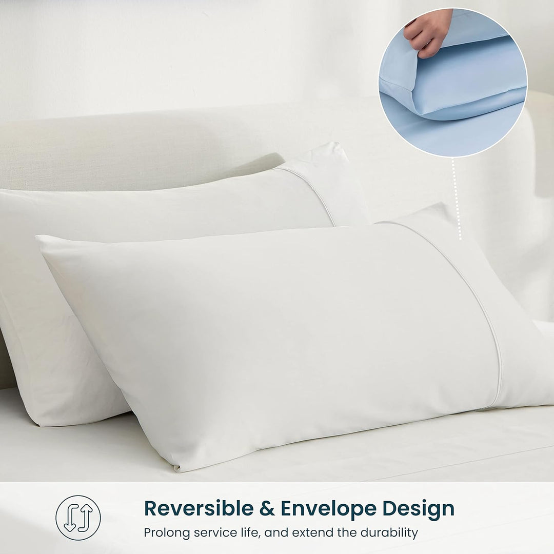 Showcasing the versatile style of reversible envelope pillowcases, highlighting their durability and long lifetime.