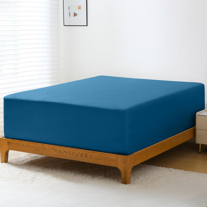 GOKOTTA Allseason Fitted Sheet in Blue with 4 Elastic Corner Straps.