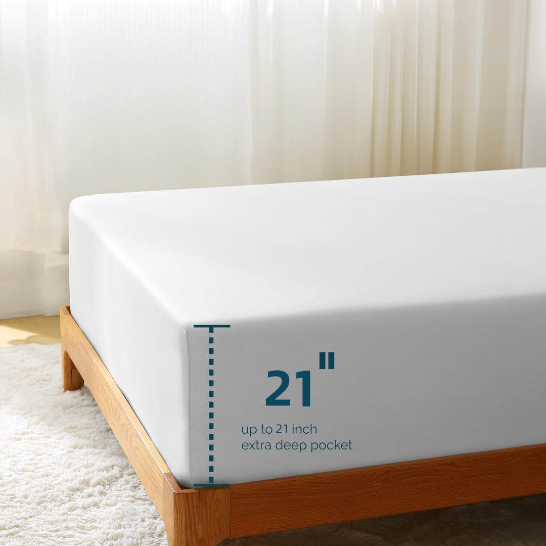 Showcasing the extra deep pocket design for a perfect fit on high mattresses.