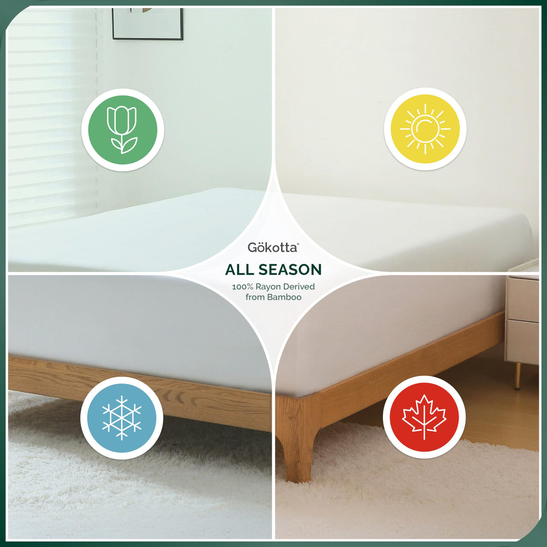 Highlighting the fitted sheet's versatility for comfortable use throughout all seasons.