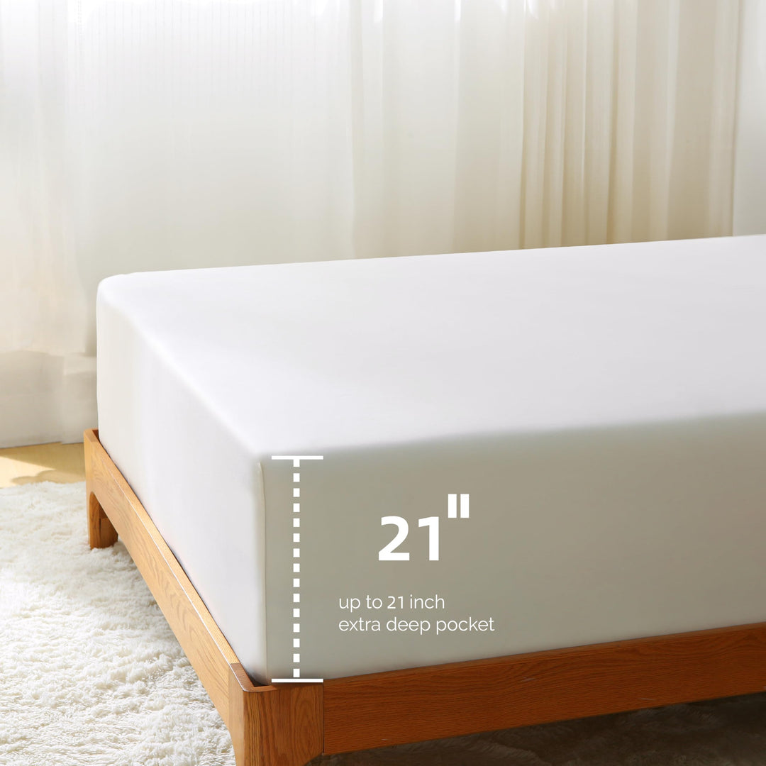 Showcasing the extra deep pocket design for a perfect fit on high mattresses.