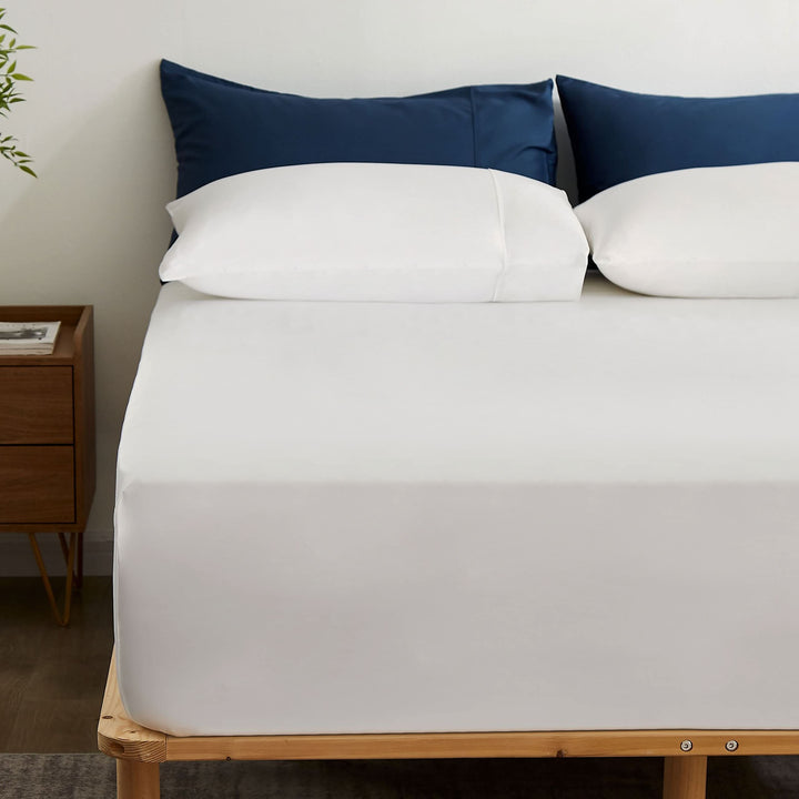 GOKOTTA Bamboo Rayon Fitted Sheet and Pillow Case in Cream White - Image 1
