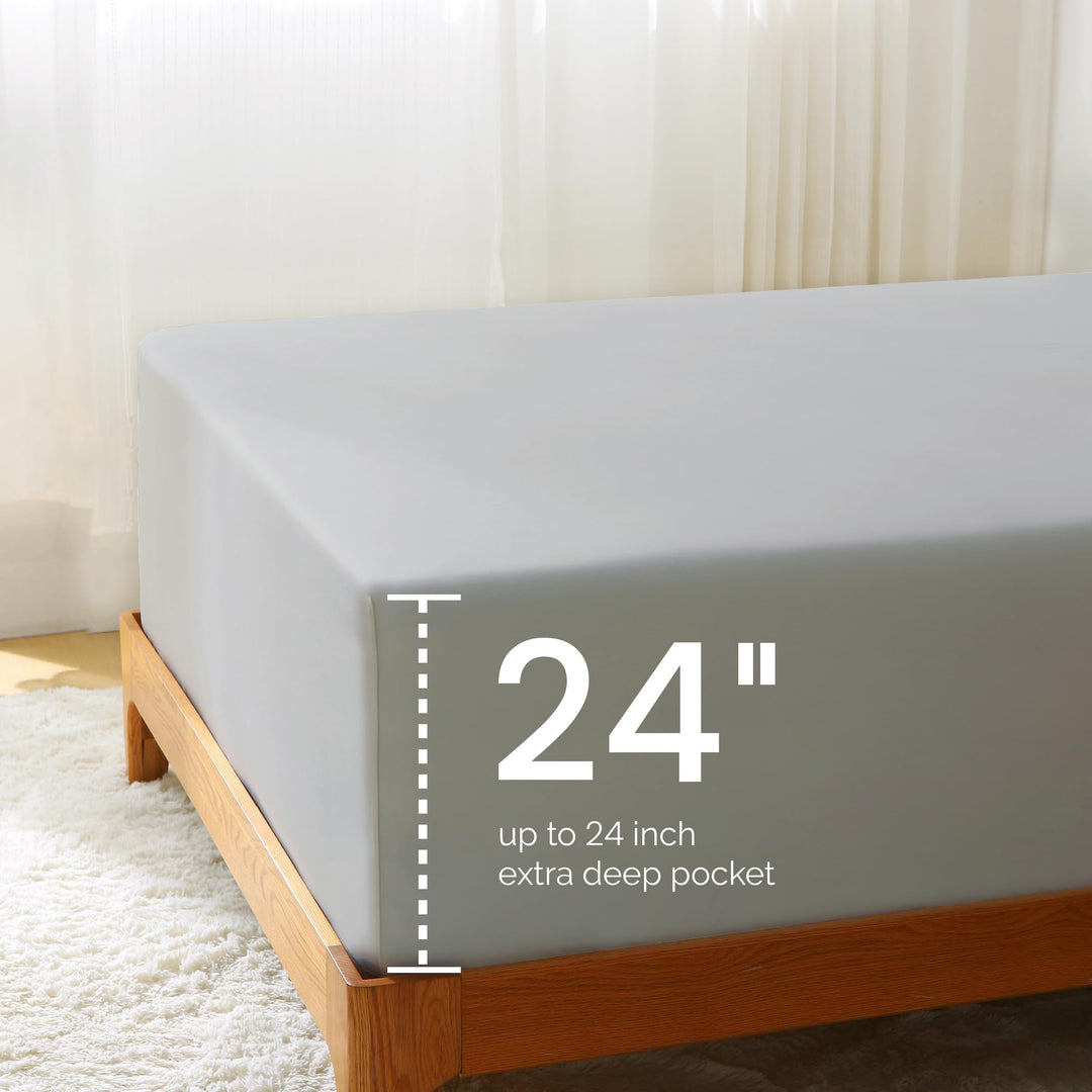 Showcasing the extra deep pocket design for a perfect fit on high mattresses.