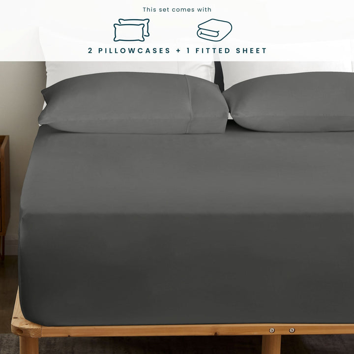 Bamboo Fitted Sheet & Pillowcase Set, Dark Grey - GOKOTTA