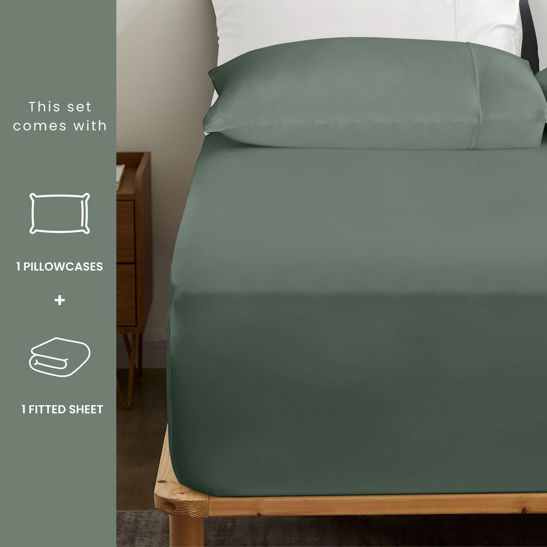 Bamboo Fitted Sheet & Pillowcase Set, Green - GOKOTTA
