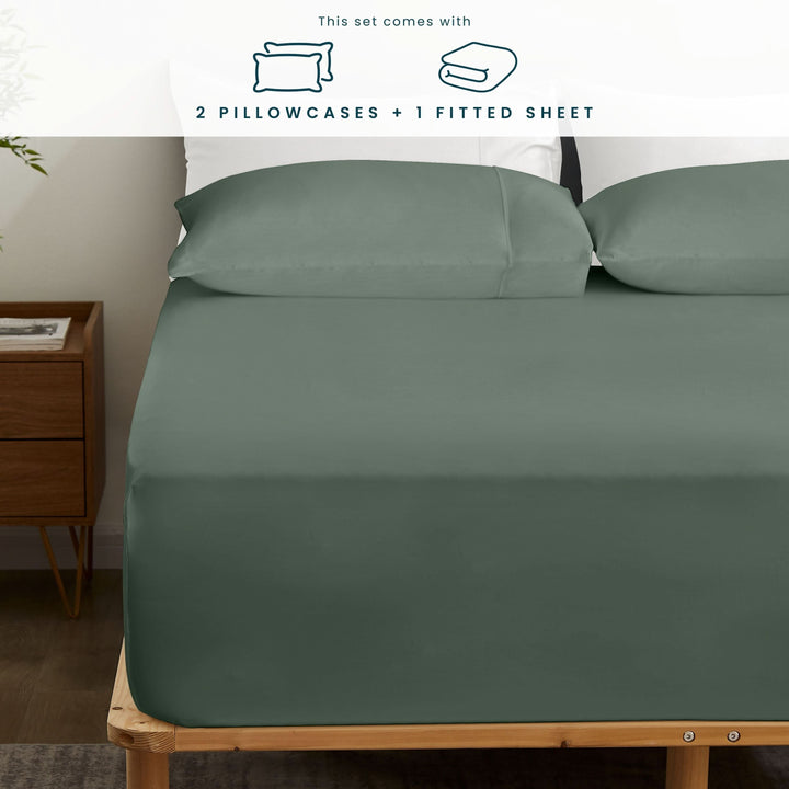 Bamboo Fitted Sheet & Pillowcase Set, Green - GOKOTTA