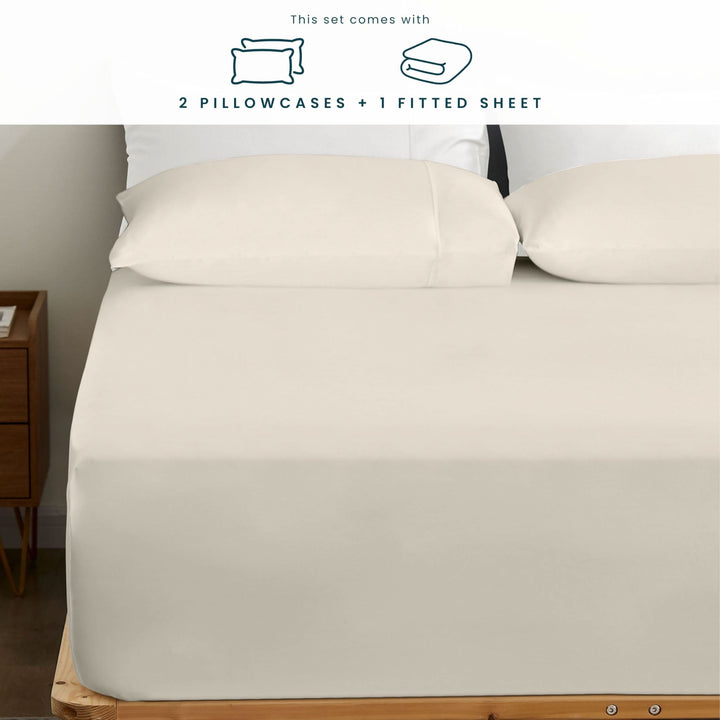 Bamboo Fitted Sheet & Pillowcase Set, Light Beige - GOKOTTA