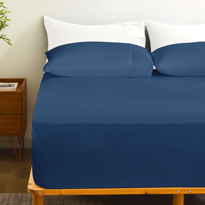 Bamboo Fitted Sheet & Pillowcase Set, Navy Blue - GOKOTTA