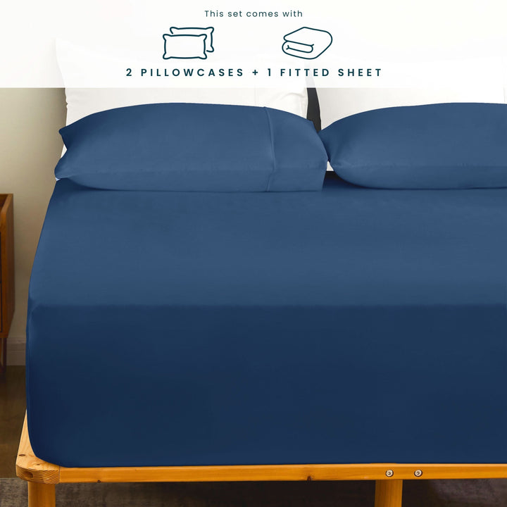 Bamboo Fitted Sheet & Pillowcase Set, Navy Blue - GOKOTTA