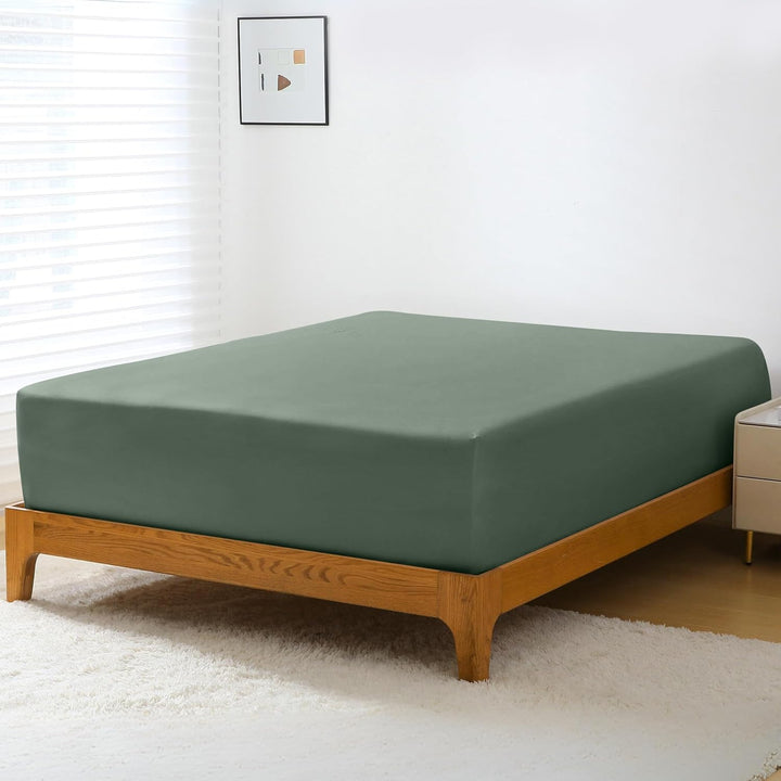 GOKOTTA Breeze Comfort Cooling Bamboo Fitted Sheet in Green, showcasing elegant design and soft texture.