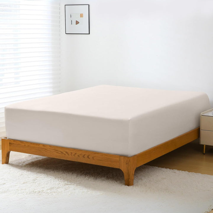 GOKOTTA Breeze Comfort Cooling Bamboo Fitted Sheet in Light Beige, showcasing its soft hue and elegant design.