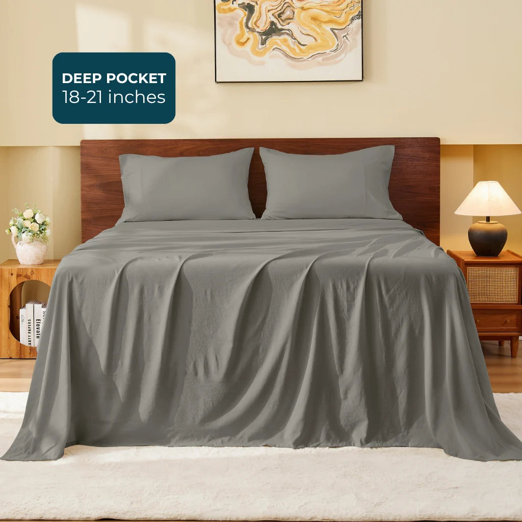 Washed & Brushed Microfiber Bed Sheets Set Deep Pocket