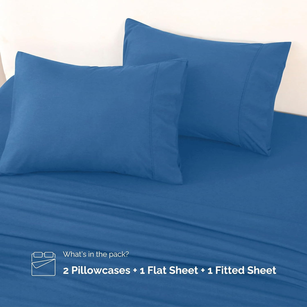 Complete set of GOKOTTA blue microfiber sheet set, including flat sheet, fitted sheet, and pillowcases.