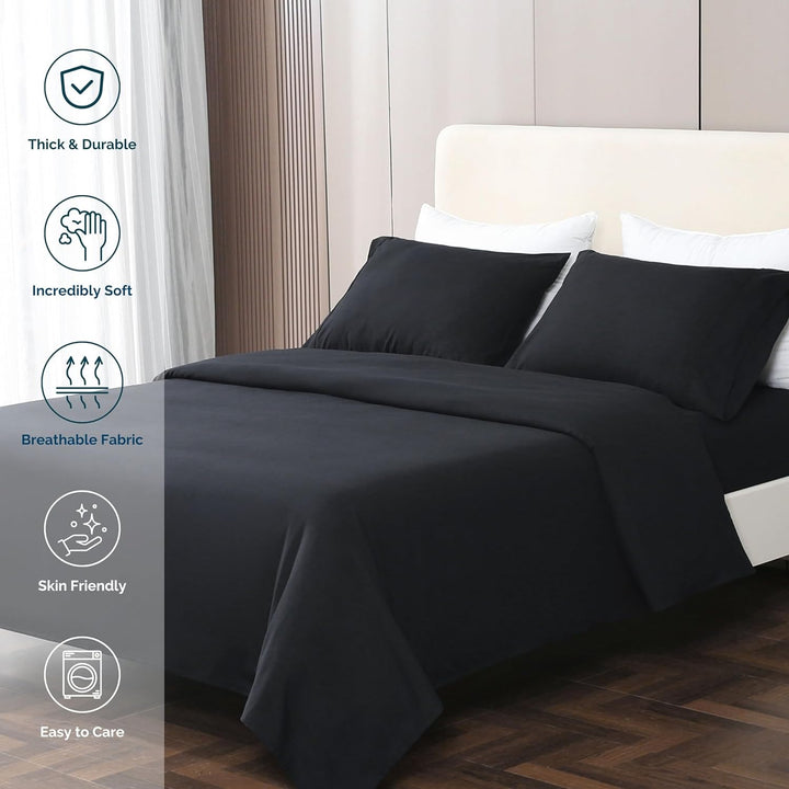 GOKOTTA black microfiber sheets styled on a neatly made bed in a cozy bedroom setting.