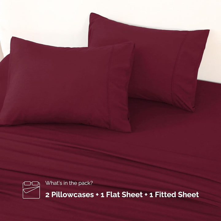 Complete set of GOKOTTA burgundy brushed microfiber sheets, including flat sheet, fitted sheet, and pillowcases.