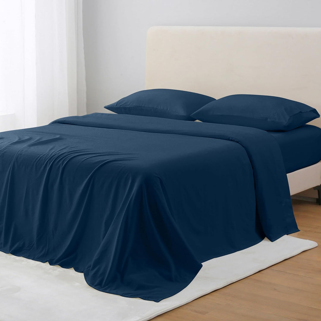 GOKOTTA dark blue brushed microfiber bed sheet set with elastic corner straps.