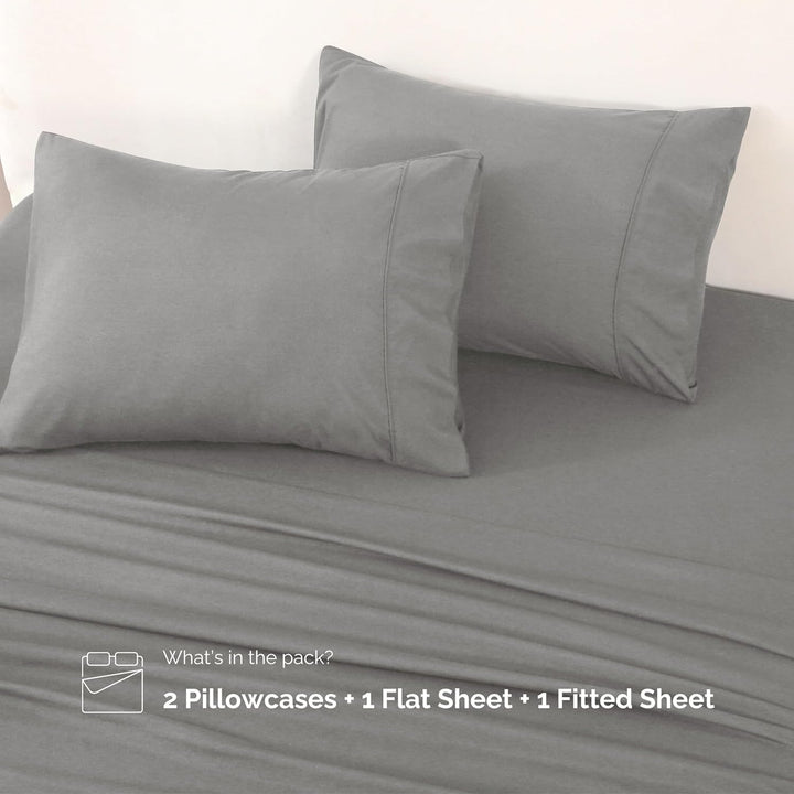 Complete set of GOKOTTA grey microfiber sheets, including flat sheet, fitted sheet, and envelope pillowcases.