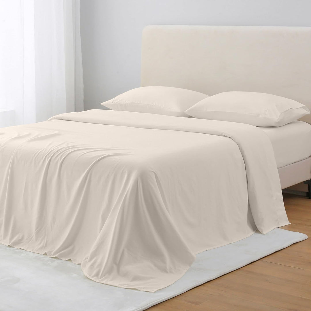 GOKOTTA light beige microfiber sheet set with elastic corner straps and envelope pillowcases.