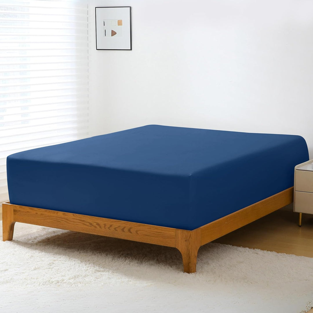 GOKOTTA Breeze Comfort Cooling Bamboo Fitted Sheet in Navy Blue, showcasing its deep hue and elegant design.