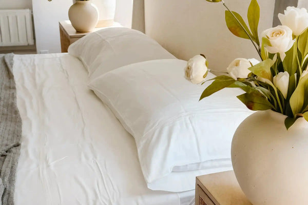Green bamboo plants next to eco-friendly bedding